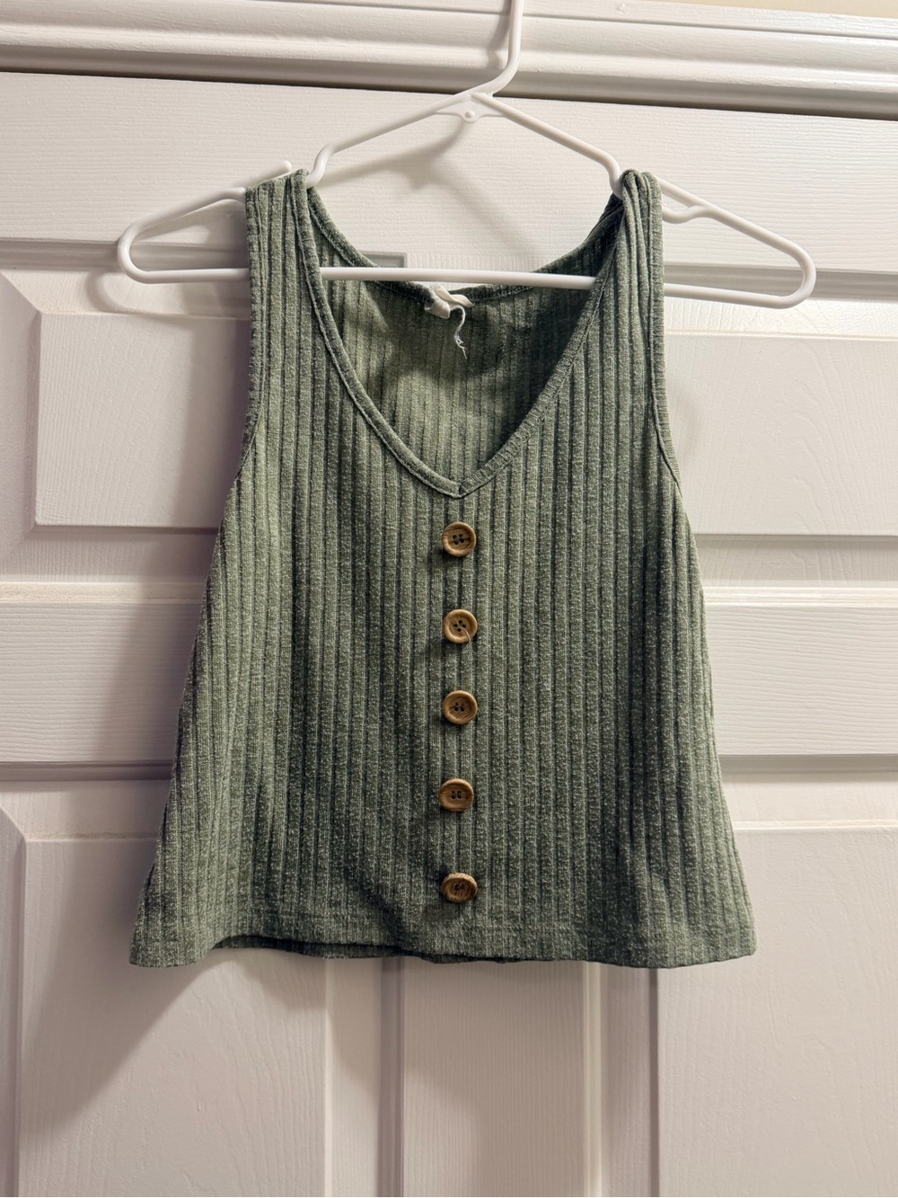 Ribbed V-Neck Button Front Tank Top - Sage Green